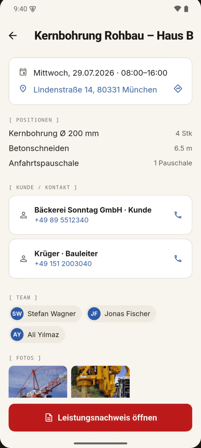 Feld-App: Auftragsdetail mit Positionen, Kundenkontakt und Team